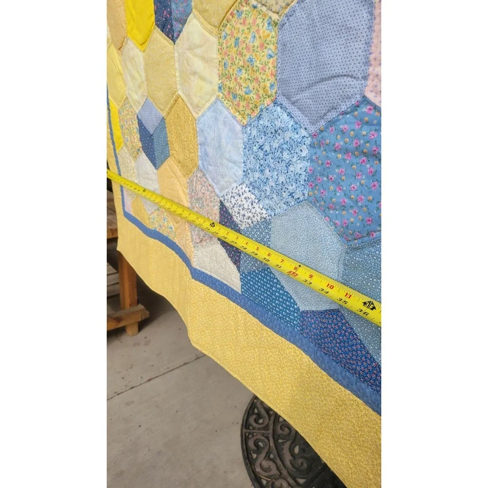 Vintage‎ Baby Crib Quilt 40x56 Yellow Blue Patchwork Tumbling Blocks